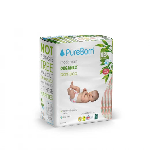 Pureborn Double Pack Organic Bamboo Diapers Ultra-gentle Eco-Friendly Nappies - Print may vary (Copy)