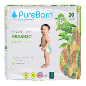 Pureborn Single Pack Organic Bamboo Diapers Ultra-gentle Eco-Friendly Nappies - Print may vary