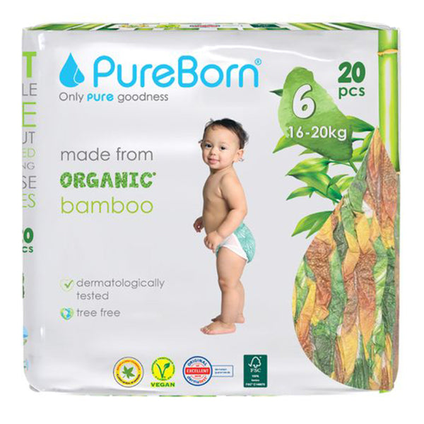 Pureborn Single Pack Organic Bamboo Diapers Ultra-gentle Eco-Friendly Nappies - Print may vary