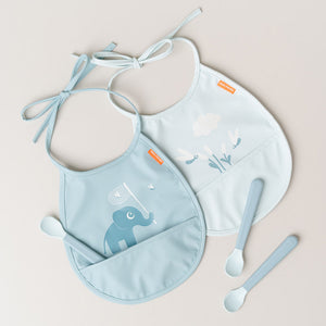 Tiny Pocket Bib 2-Pack Elphee Blue Waterproof Feeding Bibs