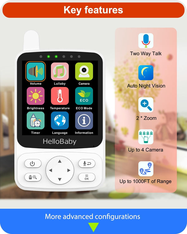 Hello Baby 4.00 No Wi-Fi Baby Monitor with Night Vision Portable for Nursery and Travel