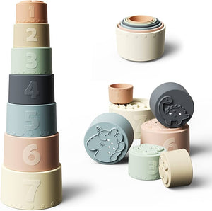 Moonkie Silicone Baby Stacking Cups – 7 Piece Soft Teething &amp; Bath Toy Set (6M+)