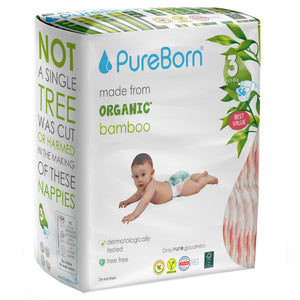 Pureborn Double Pack Organic Bamboo Diapers Ultra-gentle Eco-Friendly Nappies - Print may vary (Copy)