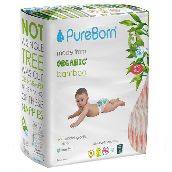 Pureborn Double Pack Organic Bamboo Diapers Ultra-gentle Eco-Friendly Nappies - Print may vary (Copy)