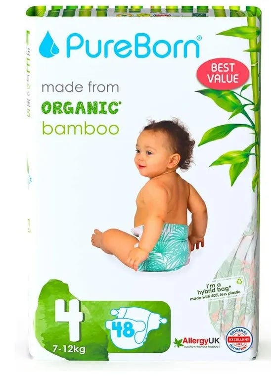 Pureborn Double Pack Organic Bamboo Diapers Ultra-gentle Eco-Friendly Nappies - Print may vary (Copy)
