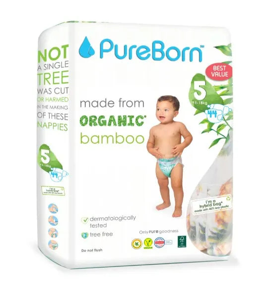 Pureborn Double Pack Organic Bamboo Diapers Ultra-gentle Eco-Friendly Nappies - Print may vary (Copy)
