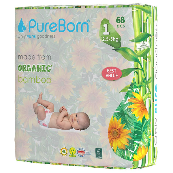 Pureborn Double Pack Organic Bamboo Diapers Ultra-gentle Eco-Friendly Nappies - Print may vary (Copy)