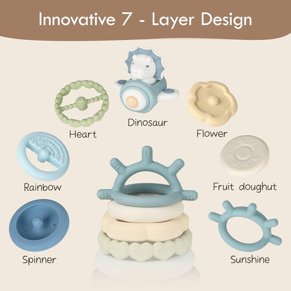 Moonkie Dinosaur Baby Stacking Toy – 7-Piece Silicone Rings (6M+)