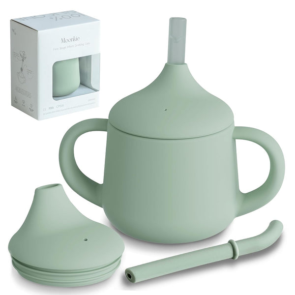Moonkie Silicone Baby Sippy Cup – 3-Stage Training Cup with Spout, Straw & Open Cup