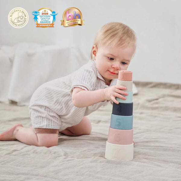 Moonkie Silicone Baby Stacking Cups – 7 Piece Soft Teething &amp; Bath Toy Set (6M+)