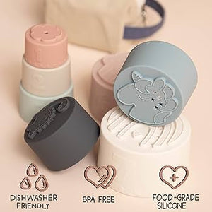 Moonkie Silicone Baby Stacking Cups – 7 Piece Soft Teething &amp; Bath Toy Set (6M+)