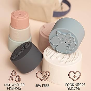 Moonkie Silicone Baby Stacking Cups – 7 Piece Soft Teething &amp; Bath Toy Set (6M+)