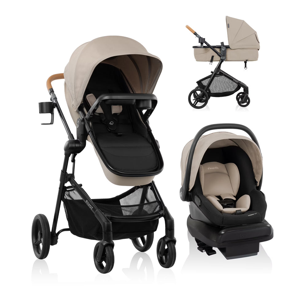 Evenflo Pivot Modular Travel System with LiteMax NXT Infant Car Seat | 6-in-1 Baby Stroller Latte Tan