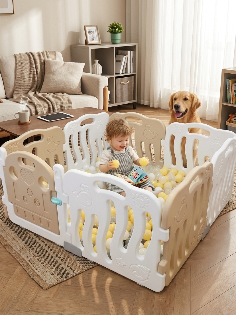 Miila beige Play Fence Foldable Baby Playpen Safety Gate