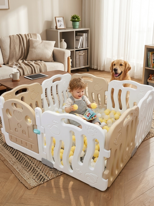 Miila beige Play Fence Foldable Baby Playpen Safety Gate