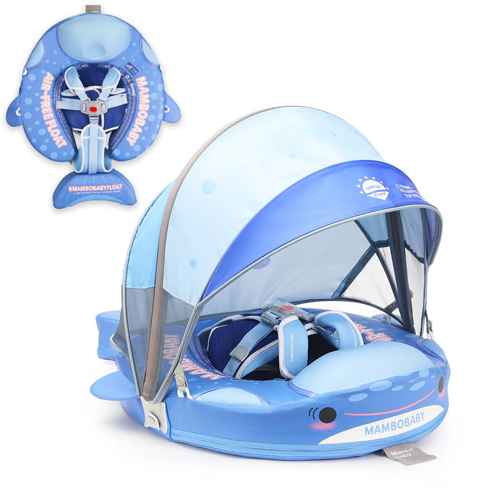 Mambobaby Non-Inflatable Chest Baby Float with Canopy - Fish Blue