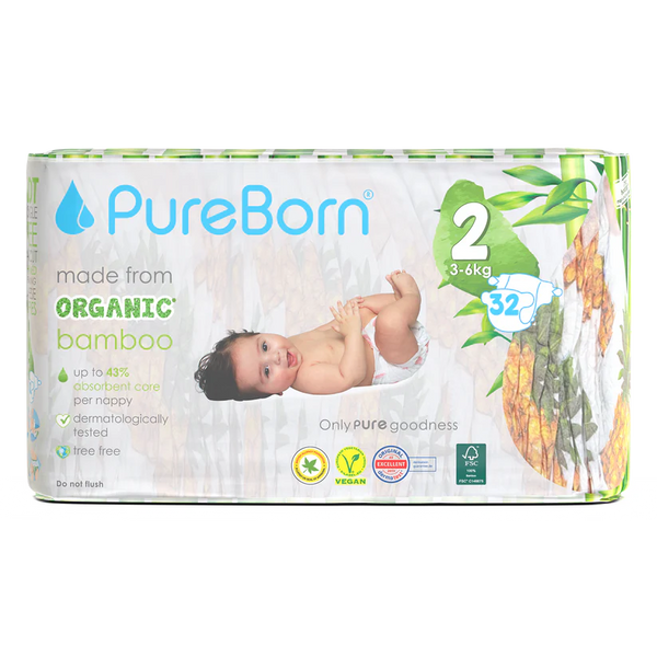 Pureborn Single Pack Organic Bamboo Diapers Ultra-gentle Eco-Friendly Nappies - Print may vary
