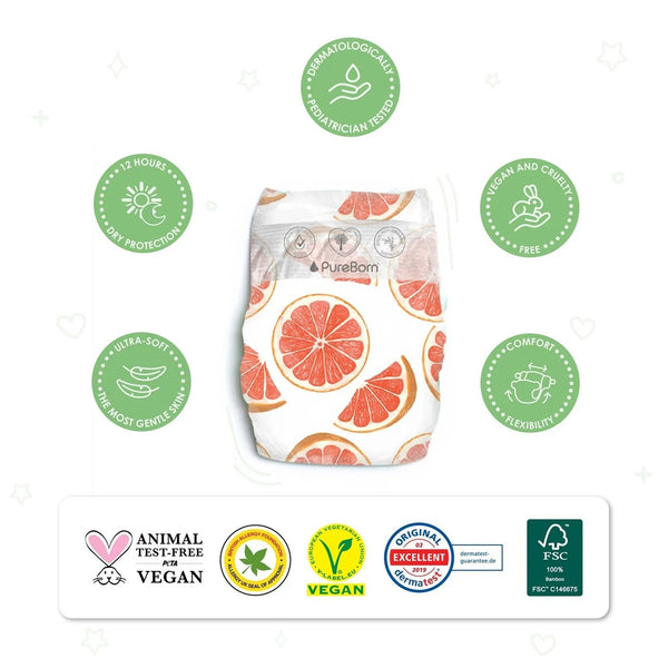Pureborn Matser Pack Organic Bamboo Diapers Ultra-gentle Eco-Friendly Nappies - Print may vary