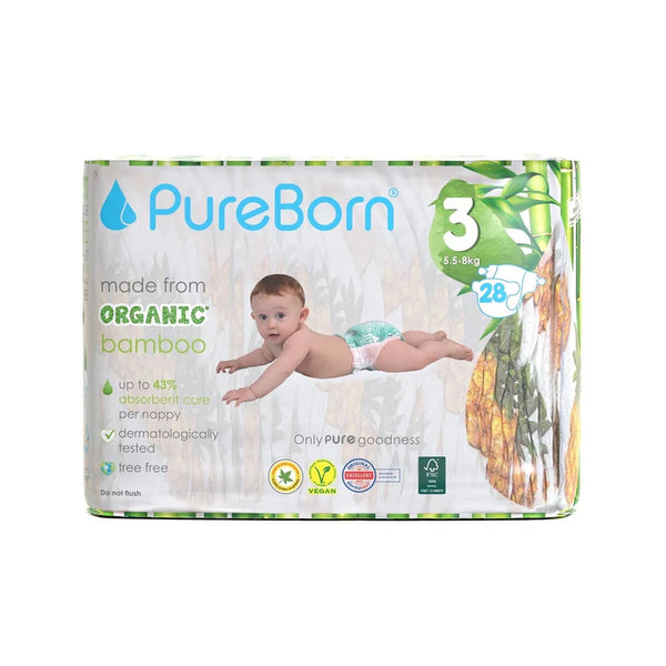 Pureborn Single Pack Organic Bamboo Diapers Ultra-gentle Eco-Friendly Nappies - Print may vary