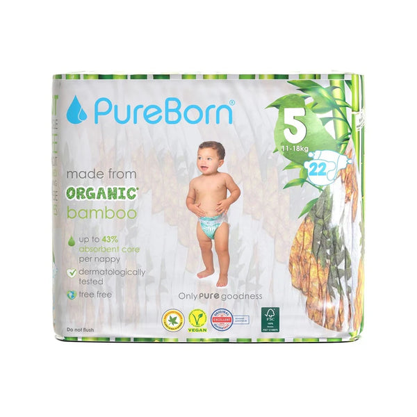 Pureborn Single Pack Organic Bamboo Diapers Ultra-gentle Eco-Friendly Nappies - Print may vary