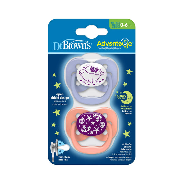 Dr. Brown's Adv Soother Glow Pacifier 2 Pack Coral Ocean