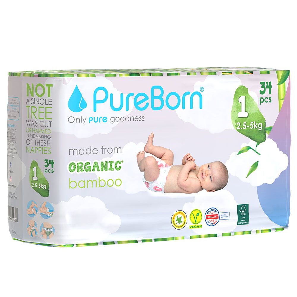 Pureborn Single Pack Organic Bamboo Diapers Ultra-gentle Eco-Friendly Nappies - Print may vary