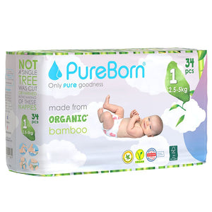 Pureborn Single Pack Organic Bamboo Diapers Ultra-gentle Eco-Friendly Nappies - Print may vary