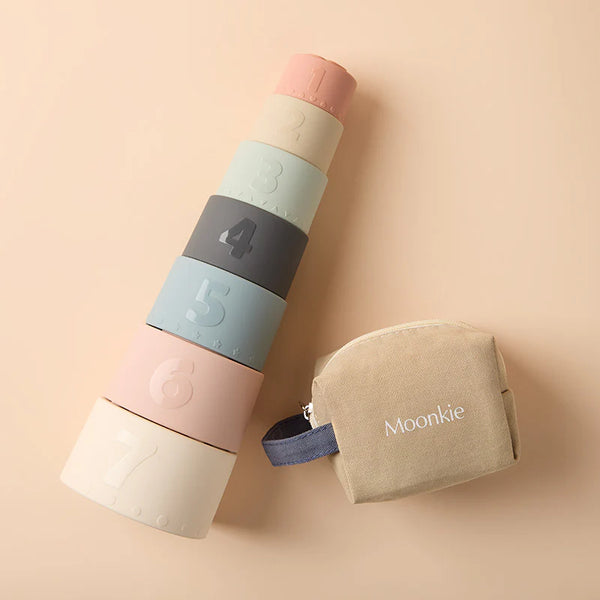 Moonkie Silicone Baby Stacking Cups – 7 Piece Soft Teething &amp; Bath Toy Set (6M+)