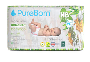 Pureborn Single Pack Organic Bamboo Diapers Ultra-gentle Eco-Friendly Nappies - Print may vary