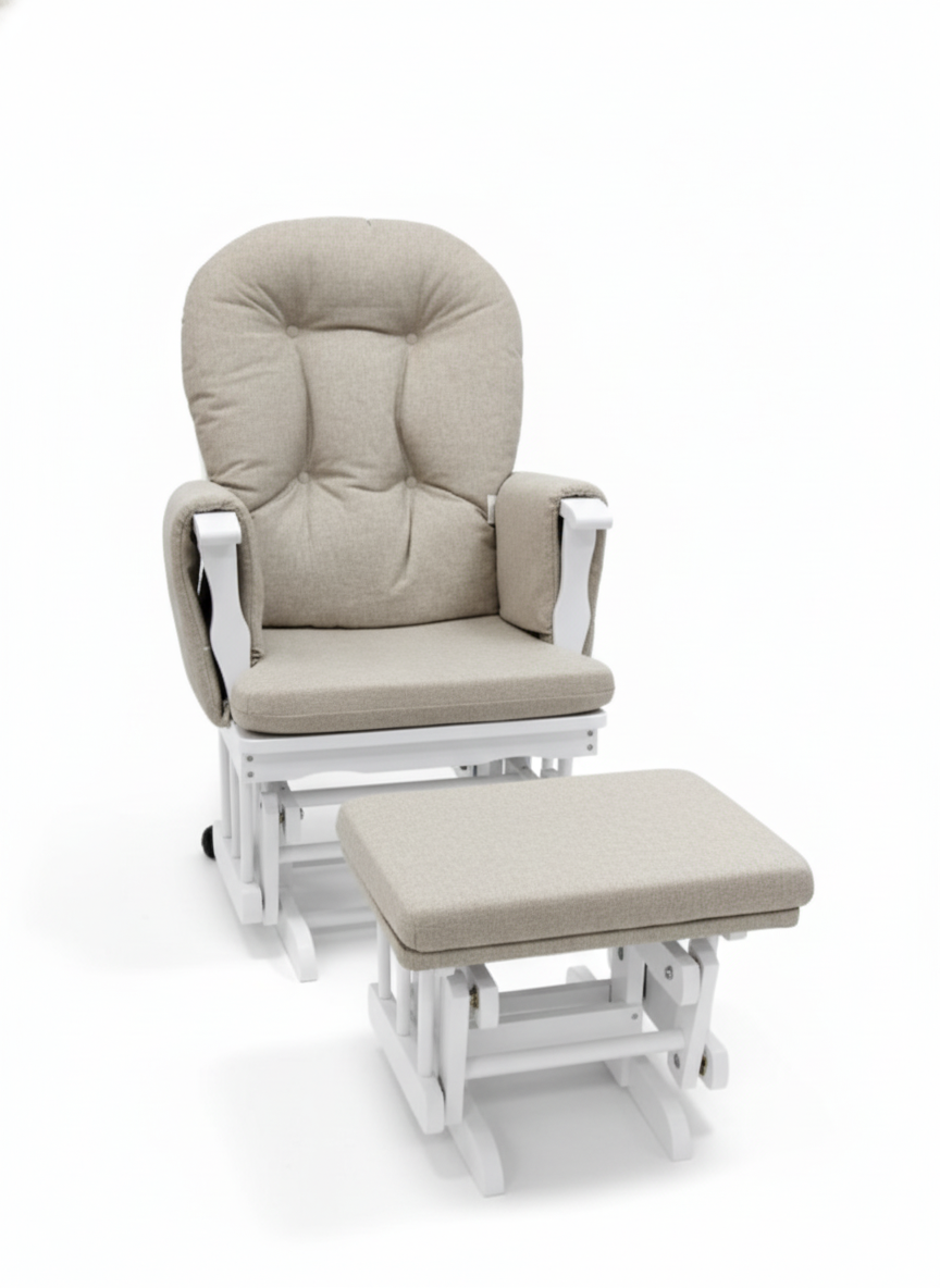 White glider chair with beige cushions and matching ottoman on a white background