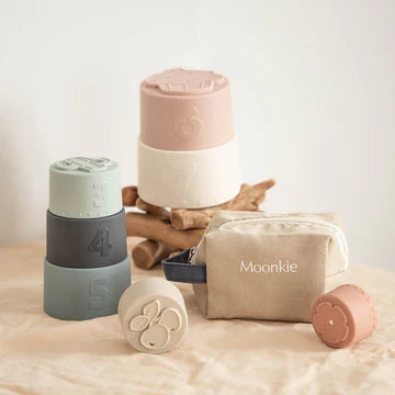 Moonkie Silicone Baby Stacking Cups – 7 Piece Soft Teething &amp; Bath Toy Set (6M+)