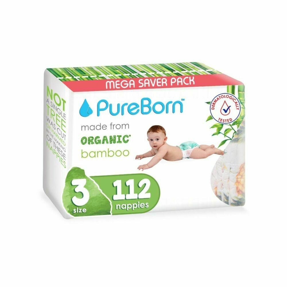 Pureborn Matser Pack Organic Bamboo Diapers Gentle Eco-Friendly Nappies - Print may vary