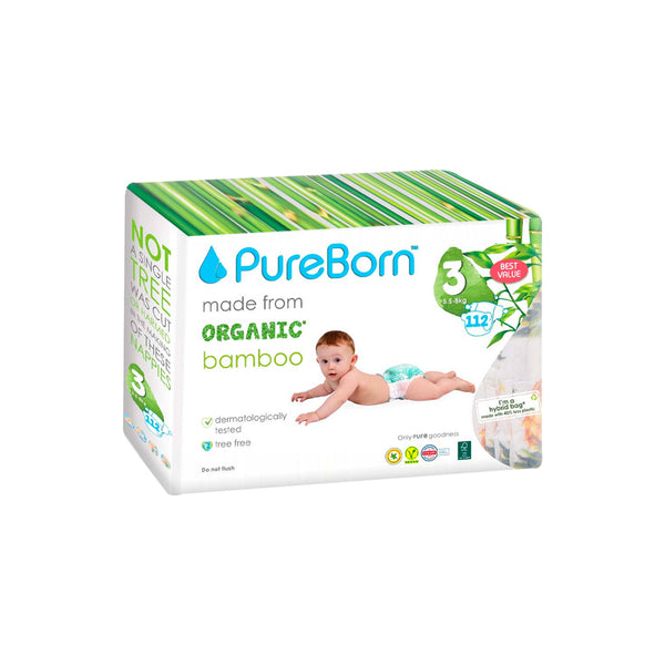 Pureborn Matser Pack Organic Bamboo Diapers Ultra-gentle Eco-Friendly Nappies - Print may vary